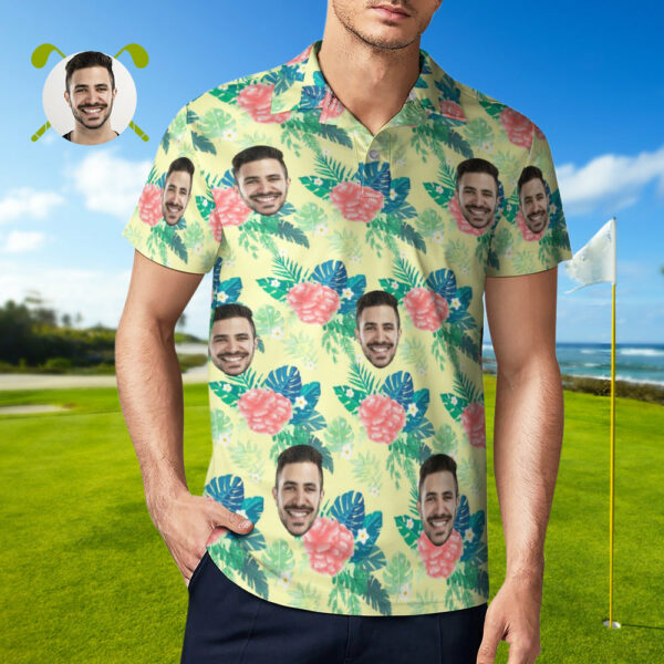 Custom Face Polo Shirt For Men Personalized Yellow Hawaiian Golf Shirts