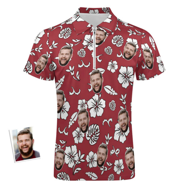 Custom Red Flowers Men’s Polo Shirt Personalized Face Funny Polo Shirt with Zipper