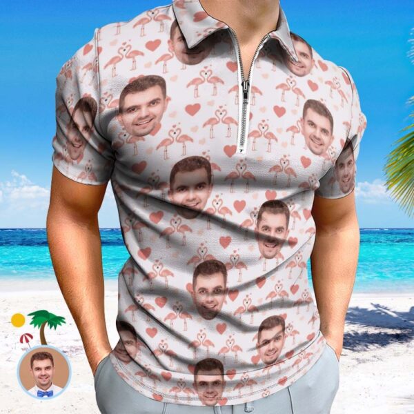 Custom Flamingo Love Men’s Polo Shirt Personalized Face Funny Polo Shirt with Zipper