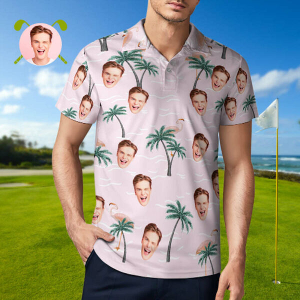 Men’s Custom Face Polo Shirt Pink Flamingos Personalized Hawaiian Golf Shirts Gift for Him