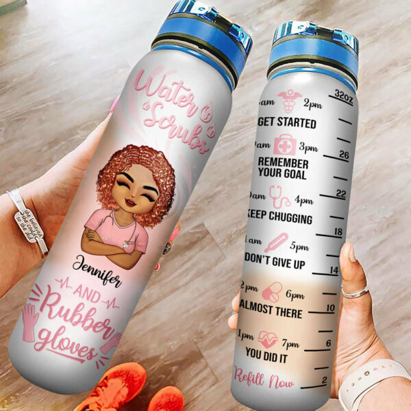 Water Scrubs And Rubber Gloves – Gift For Nurses – Personalized Custom Water Tracker Bottle