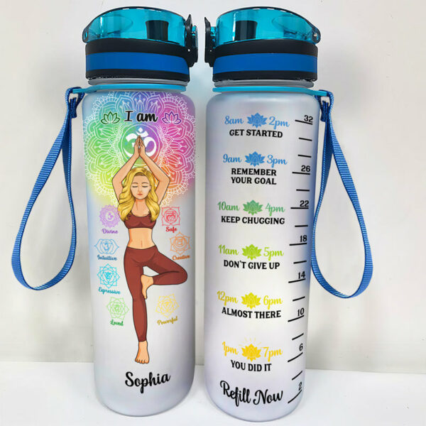 I Am Divine Intuitive Expressive Loved Powerful Creative Safe – Gift For Yoga Lovers – Personalized Custom Water Tracker Bottle