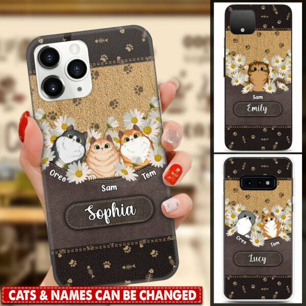 Personalized Cat Daisy Leather Pattern With Pawprints Silicone Phonecase, Cat Lover Phone Case