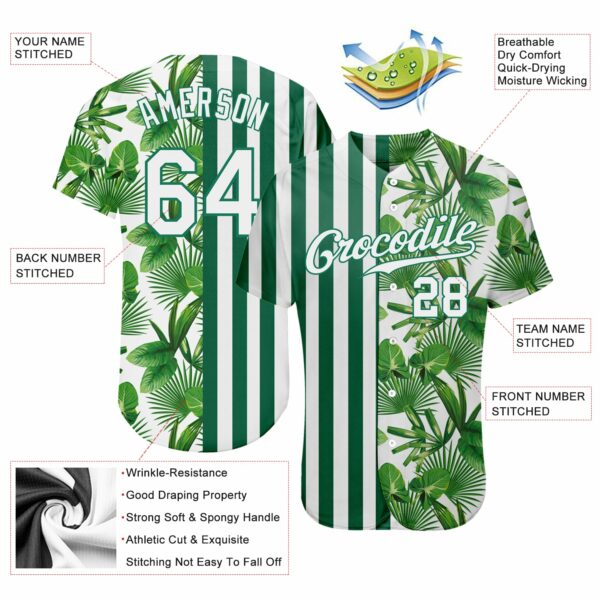 Custom Kelly Green White-Kelly Green 3D Pattern Design Tropical Palm Leaves Authentic Baseball Jersey