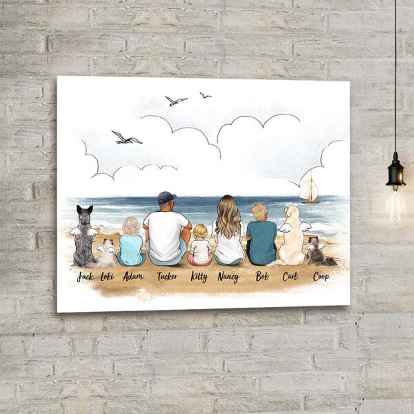 Personalized gifts with the whole family & dog & cat Canvas Print – UP TO 9 PEOPLE & PETS – Beach